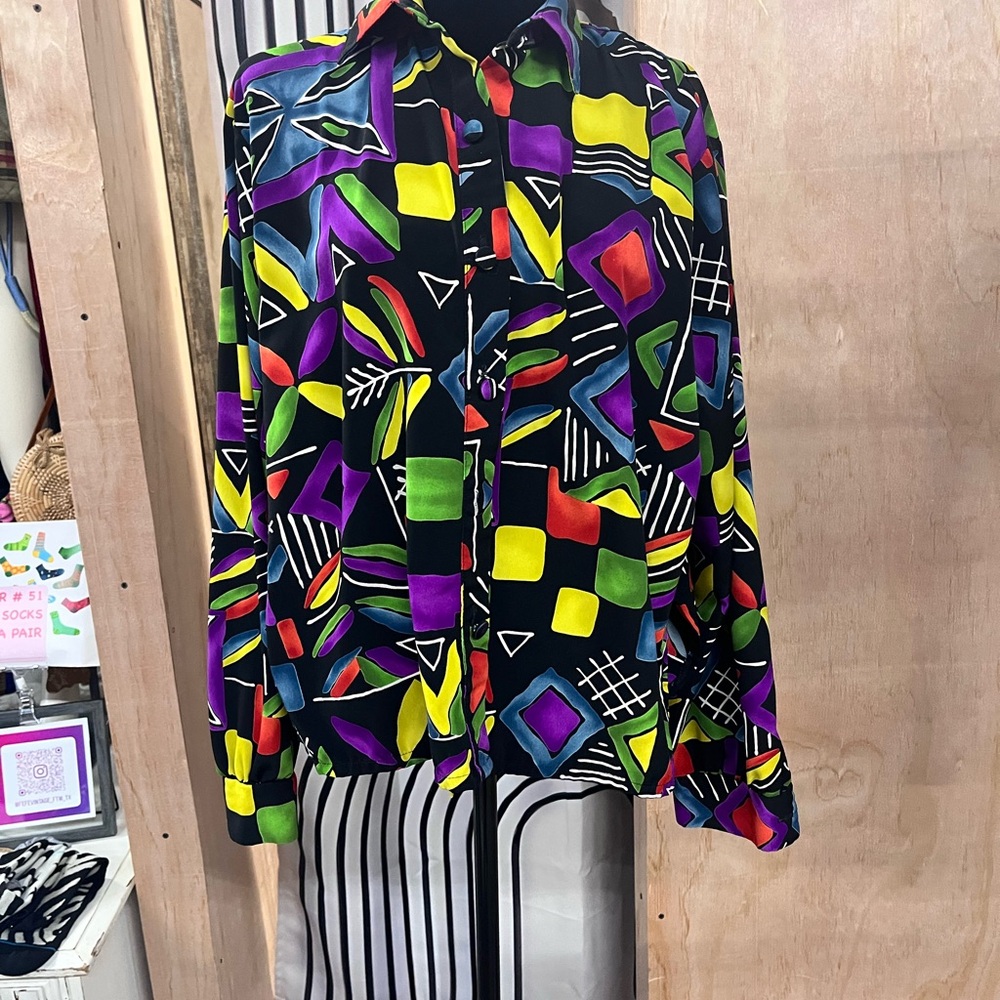 80’s RAVES!!! Vintage Women’s Geometric long sleeve size Large Blouse